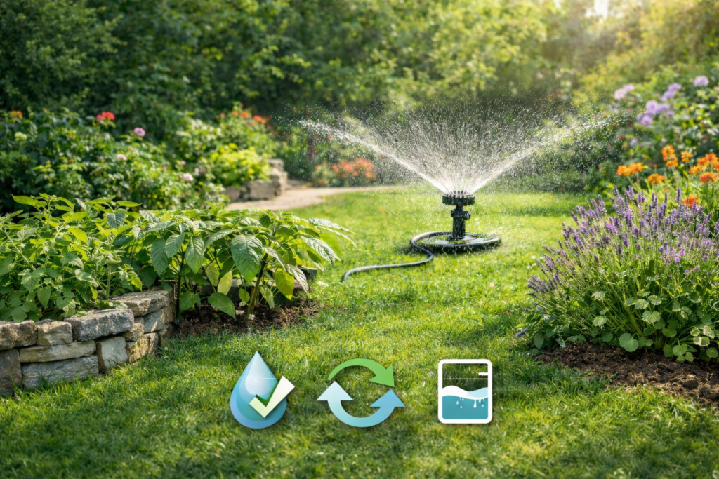 Ein sonniger, üppig bepflanzter Garten wird von einem Rasensprenger bewässert, dessen feiner Wassernebel über den grünen Rasen und blühende Beete verteilt wird. Im Vordergrund sind dekorative Pflanzen und ein kleiner Steingarten zu sehen, während im unteren Bildbereich drei schlichte Icons (Wassertropfen mit Häkchen, Kreispfeile für Kreislauf, Wasserbehälter) das Thema Wassersparen und nachhaltige Bewässerung symbolisieren.