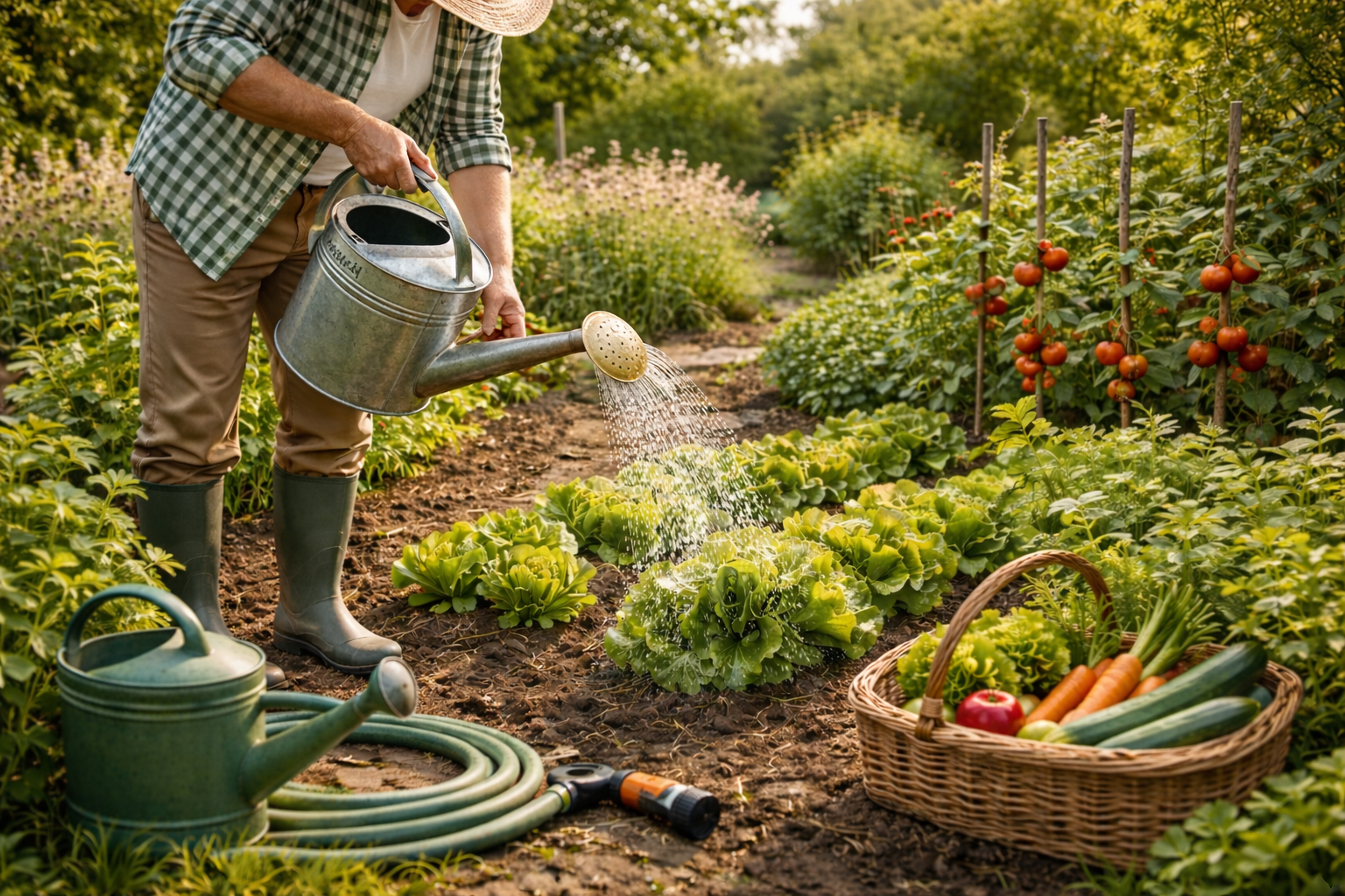 Garten bewässern ohne Wasserverschwendung mit Gießkanne im Gemüsegarten für nachhaltiges und effizientes Gießen