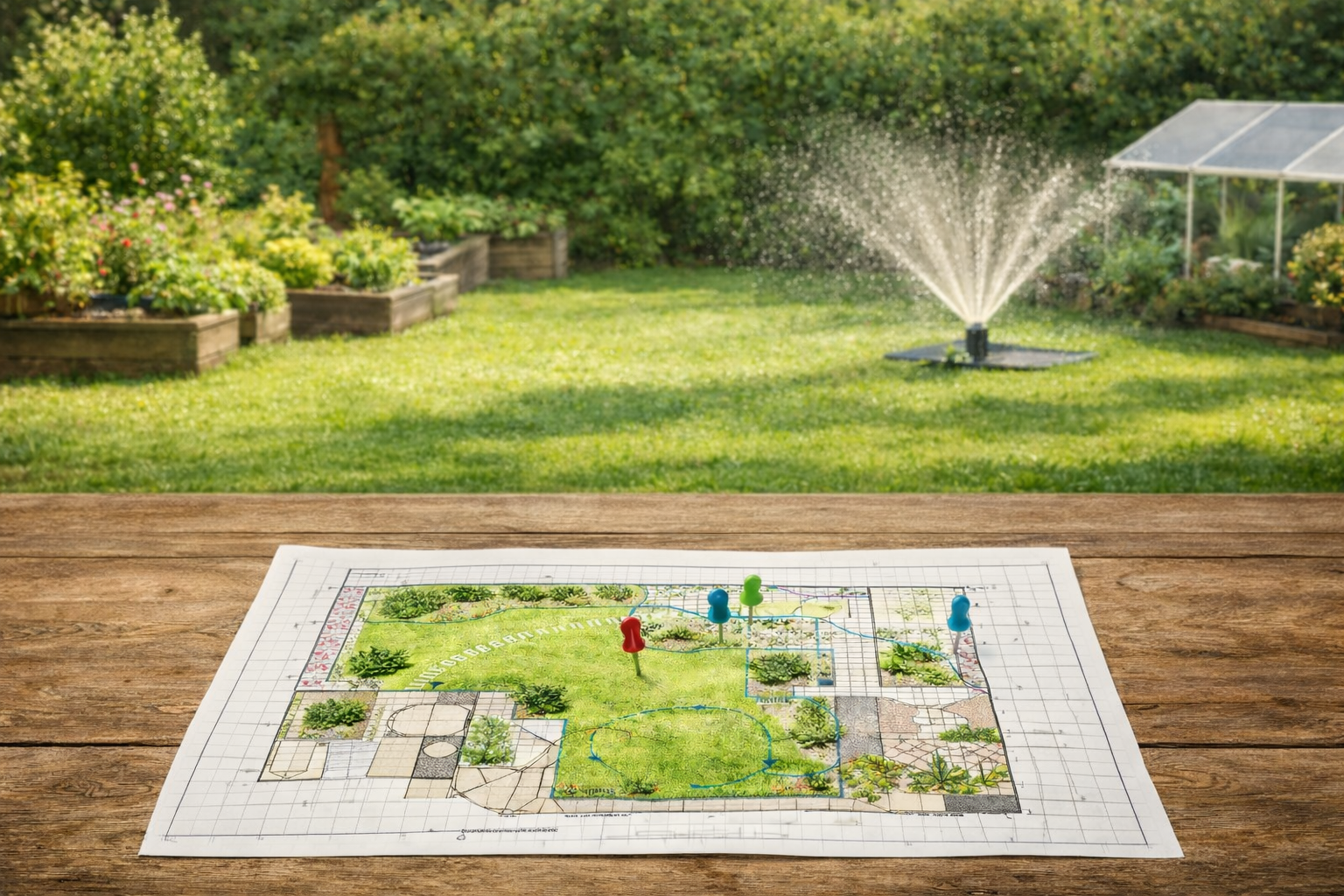 Detailaufnahme eines Gartenplans zur Bewässerung auf einem Holztisch, mit markierten Bereichen und Stecknadeln, im Hintergrund ein sonniger Garten mit Rasen, Hochbeeten und laufendem Rasensprenger.