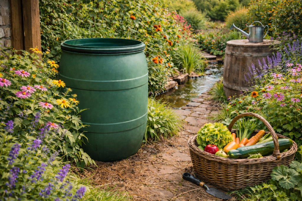Grüne Regentonne im blühenden Garten neben Gemüsekorb und Bachlauf