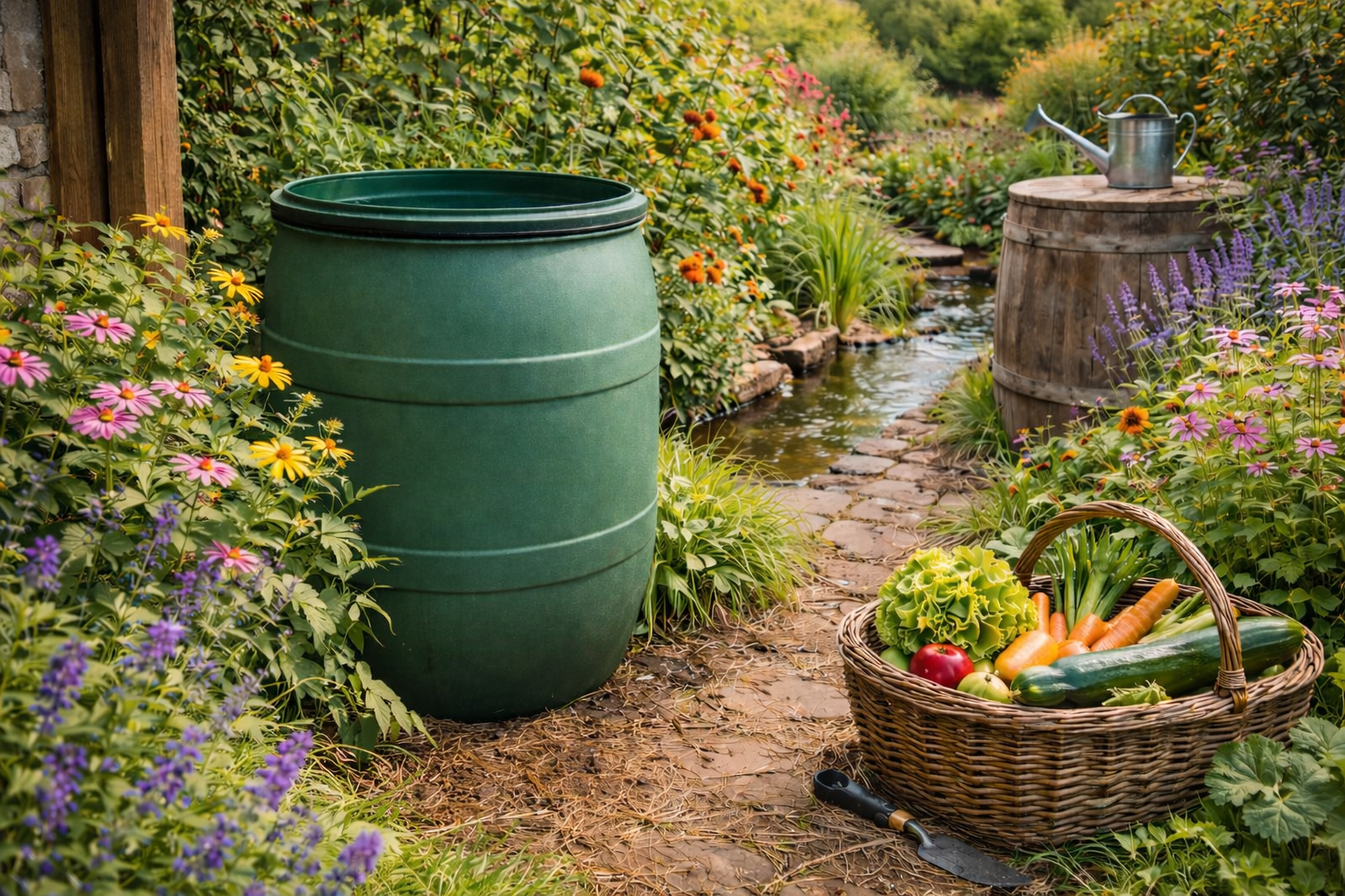 Grüne Regentonne im blühenden Garten neben Gemüsekorb und Bachlauf