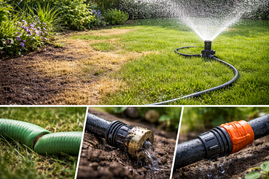 Typische Probleme bei der Gartenbewässerung – ungleichmäßiger Sprinkler, geknickter Schlauch und undichte Verbindung