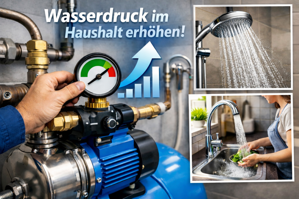 Wasserdruck im Haushalt erhöhen mit moderner Druckerhöhungsanlage, starkem Duschstrahl und effizientem Wasserfluss in Küche und Bad