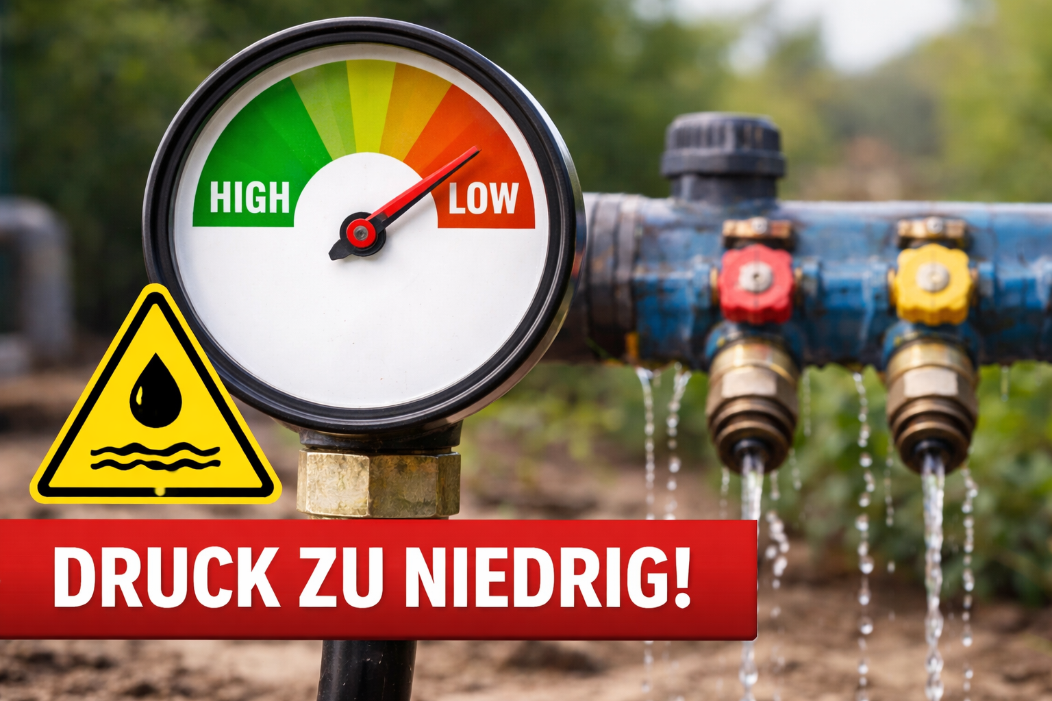 Wasserverteiler mit Druckanzeige im roten Bereich – Wasserdruck zu niedrig sichtbar am Manometer
