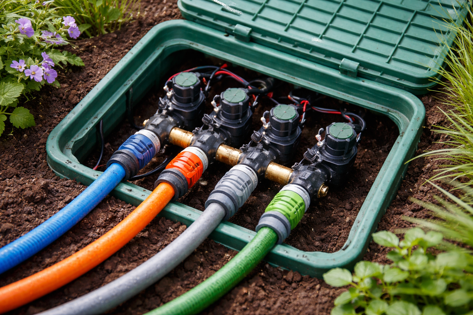 Wasserverteiler im Garten entlüften – Bewässerungssystem mit Ventilen und angeschlossenen Schläuchen