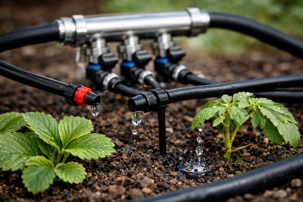 Nahaufnahme einer modernen Tropfbewässerung im Garten: Schwarze Bewässerungsschläuche führen von einem dezent im Hintergrund liegenden Edelstahl-Wasserverteiler zu mehreren Tropfern, die gleichmäßig Wasser auf feuchte Erde sowie junge Pflanzen wie Erdbeeren und Tomaten abgeben – effiziente, wassersparende Gartenbewässerung im Detail.