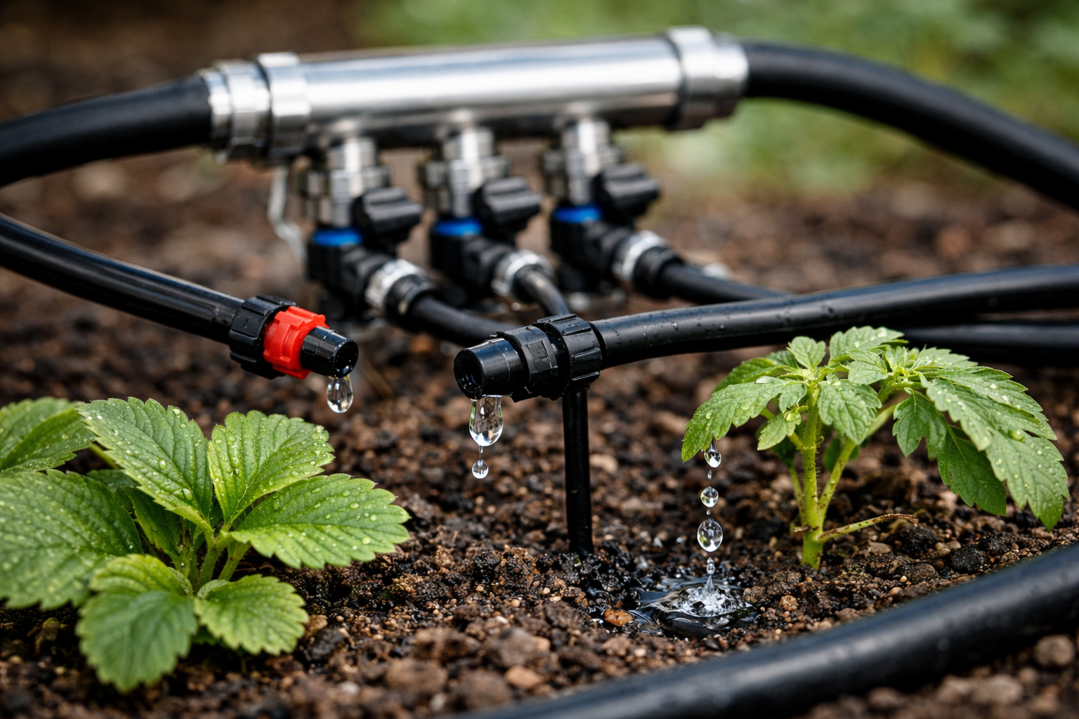 Nahaufnahme einer modernen Tropfbewässerung im Garten: Schwarze Bewässerungsschläuche führen von einem dezent im Hintergrund liegenden Edelstahl-Wasserverteiler zu mehreren Tropfern, die gleichmäßig Wasser auf feuchte Erde sowie junge Pflanzen wie Erdbeeren und Tomaten abgeben – effiziente, wassersparende Gartenbewässerung im Detail.